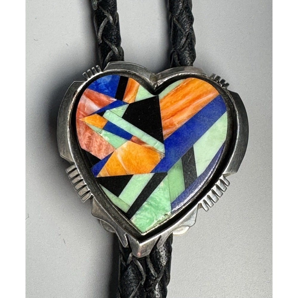 E. Secatero Sterling Silver Heart Mosaic Inlay Bolo Tie‎ Navajo Signed 28.45g